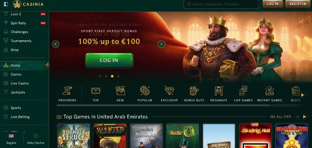 Casinia Casino homepage screen shot 