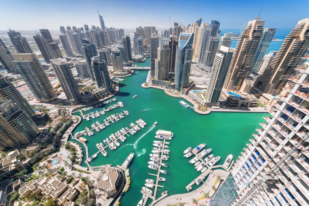 Aerial view of Dubai Marina waterfront, skyscrapers and yachts in the United Arab Emirates