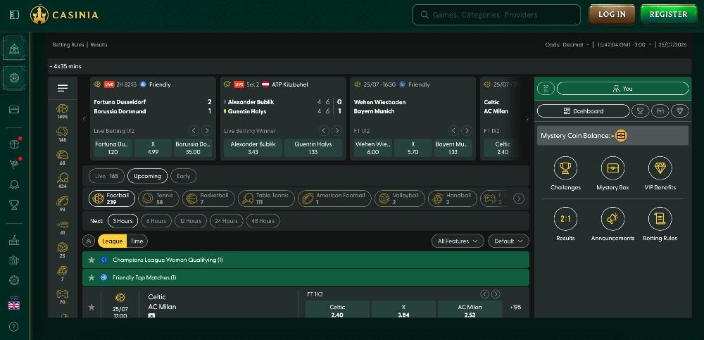 Casinia Casino homepage casino highlighting 20+ games